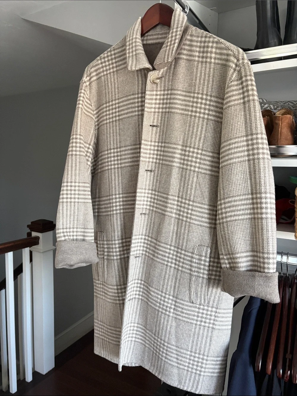 J. McLaughlin Cream and Beige Plaid Wool Coat